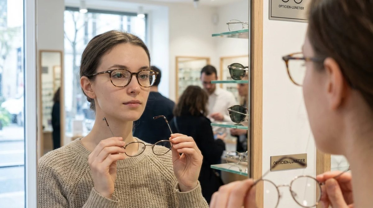 Femme devant un miroir dans une boutique d'optique, tenant une monture ronde écaille à deux mains.